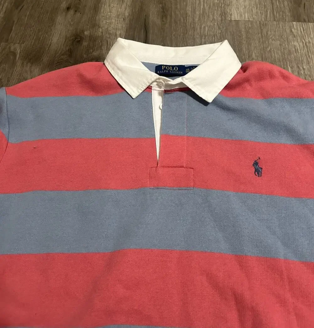 Polo Ralph Lauren Mens 2XL Striped Fleece Rugby Shirt Coral Pink Blue Casual